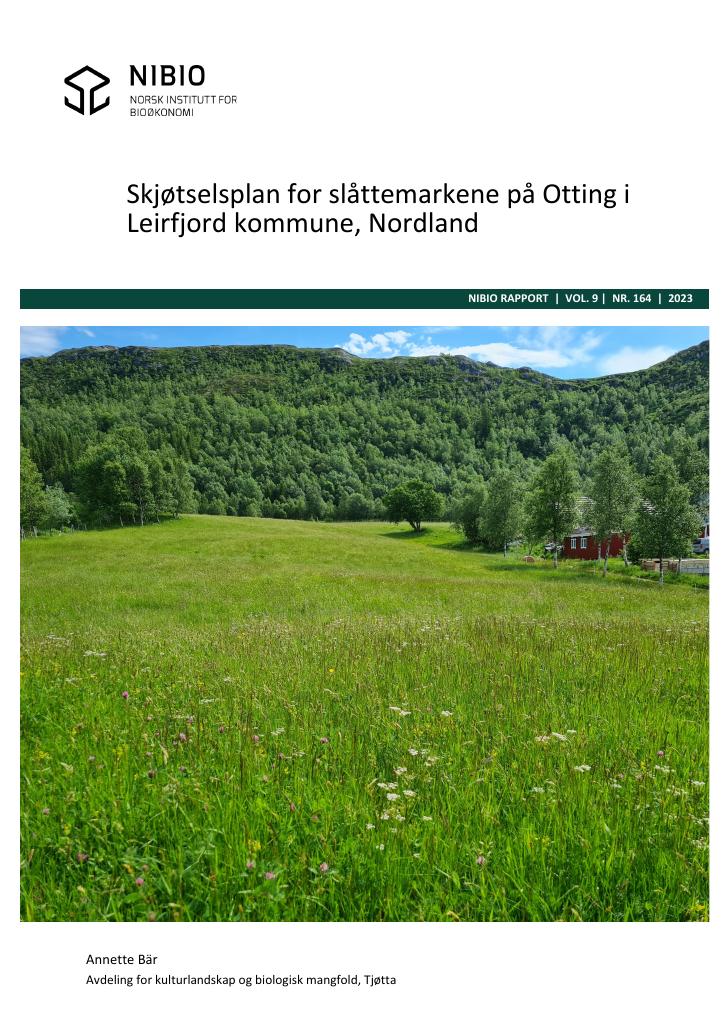 Forsiden av dokumentet Skjøtselsplan for slåttemarkene på Otting i Leirfjord kommune, Nordland.