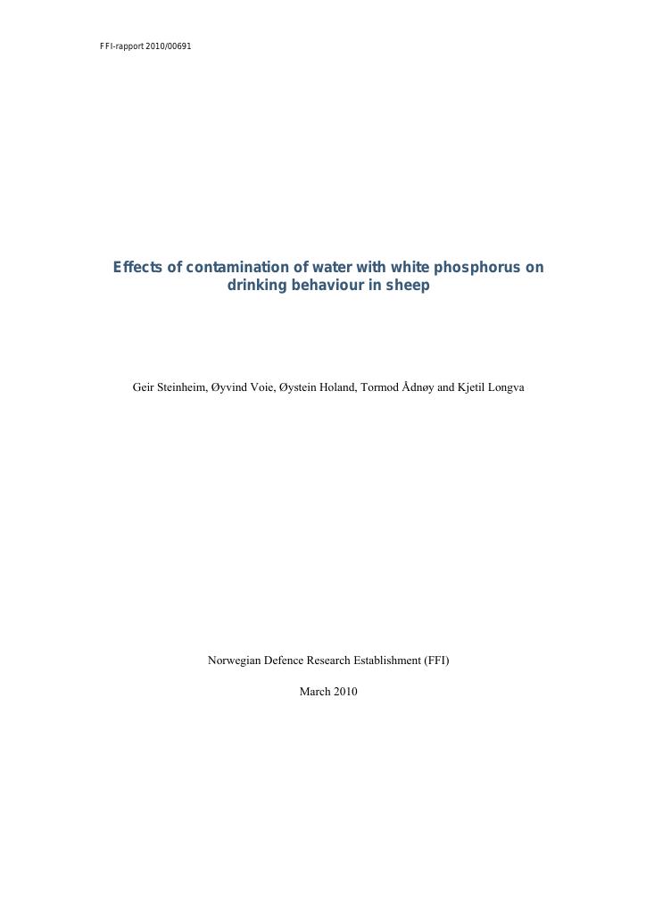 Forsiden av dokumentet Effects of contamination of water with white phosphorus on drinking behavior in sheep