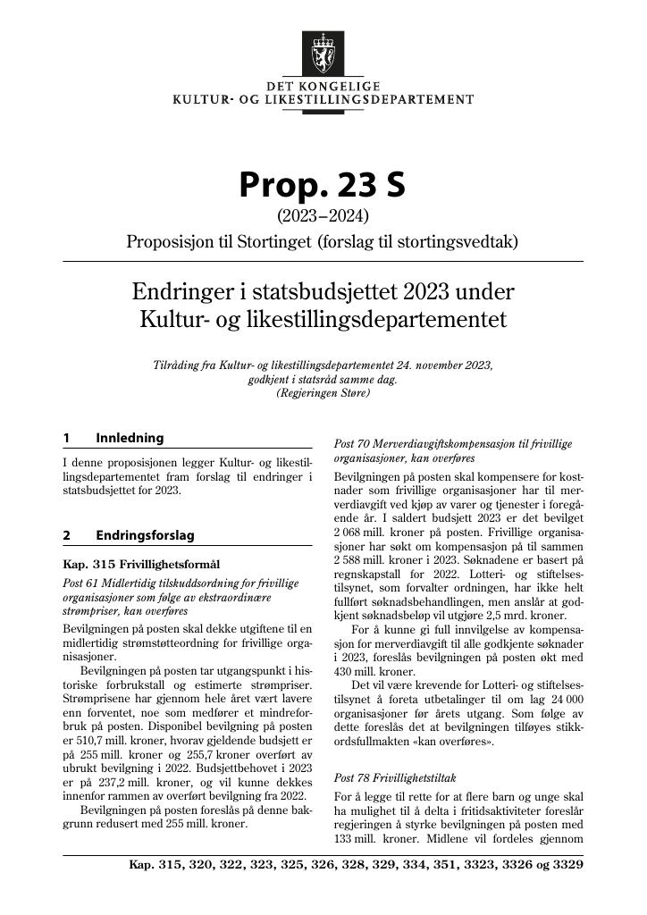 Forsiden av dokumentet Prop. 23 S (2023–2024)