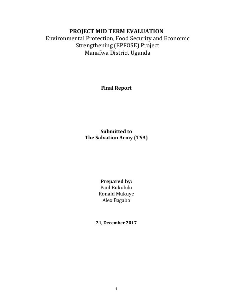 Forsiden av dokumentet Environmental Protection, Food Security and Economic Strengthening (EPFOSE) Project - Manafwa District Uganda