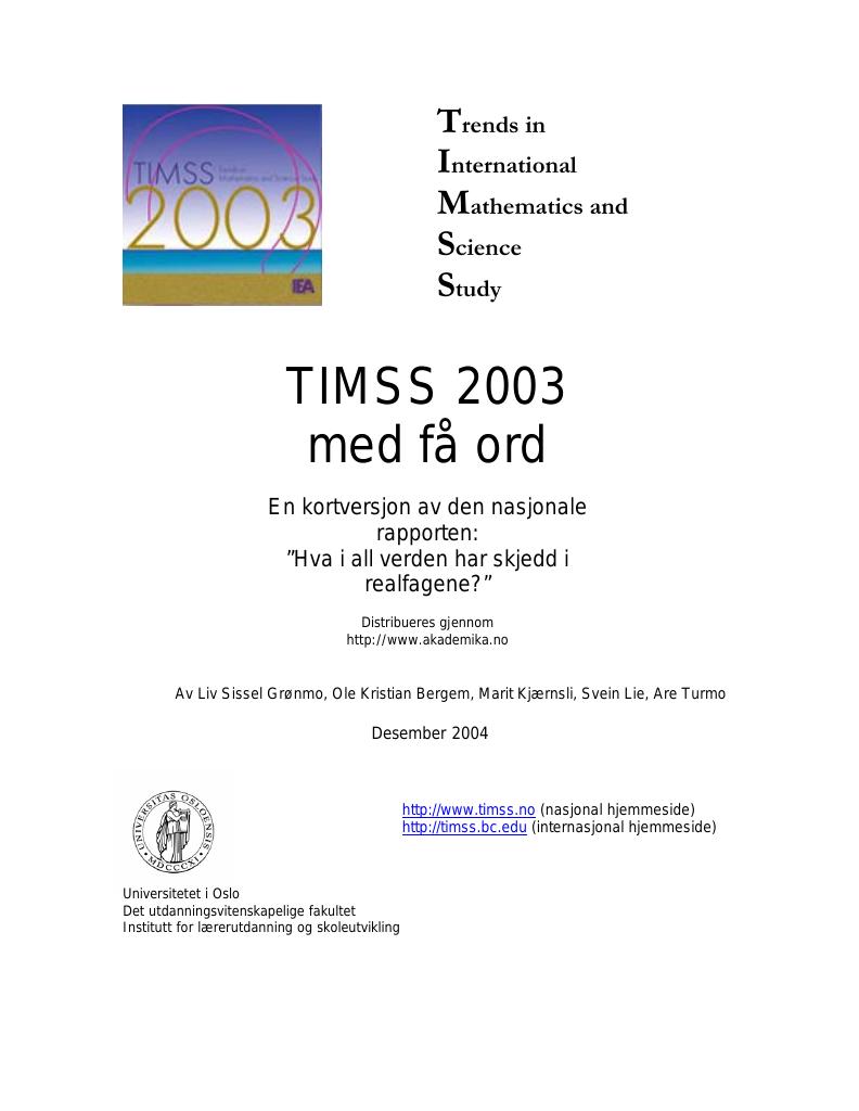Forsiden av dokumentet TIMSS - resultatene fra 2003
