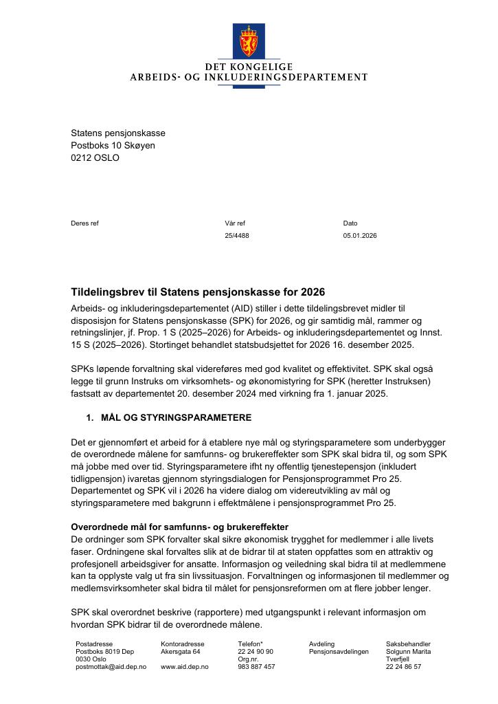 Forsiden av dokumentet Tildelingsbrev Statens pensjonskasse 2026