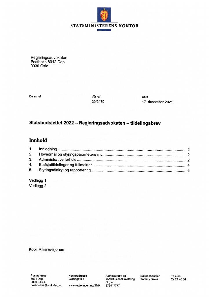 Forsiden av dokumentet Tildelingsbrev Regjeringsadvokaten 2022