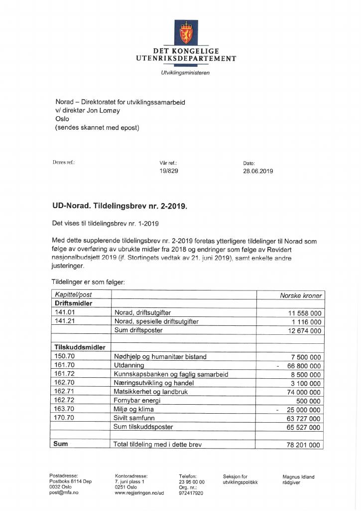 Forsiden av dokumentet Tildelingsbrev Norad 2019 - tillegg nr. 2