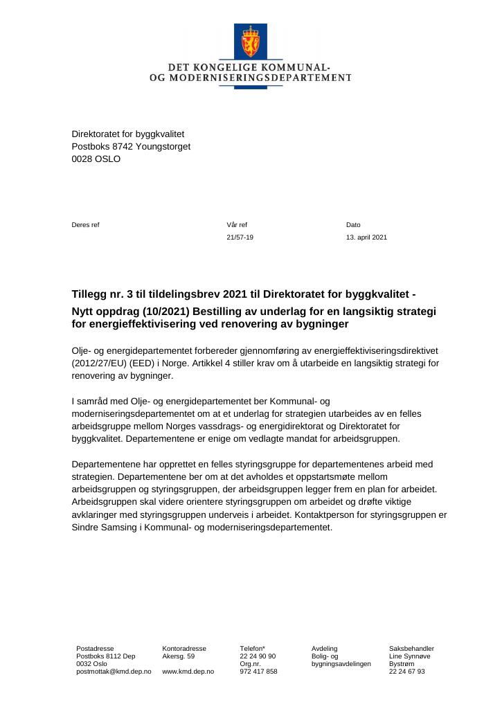 Forsiden av dokumentet Tildelingsbrev Direktoratet for byggkvalitet 2021 - tillegg nr. 3