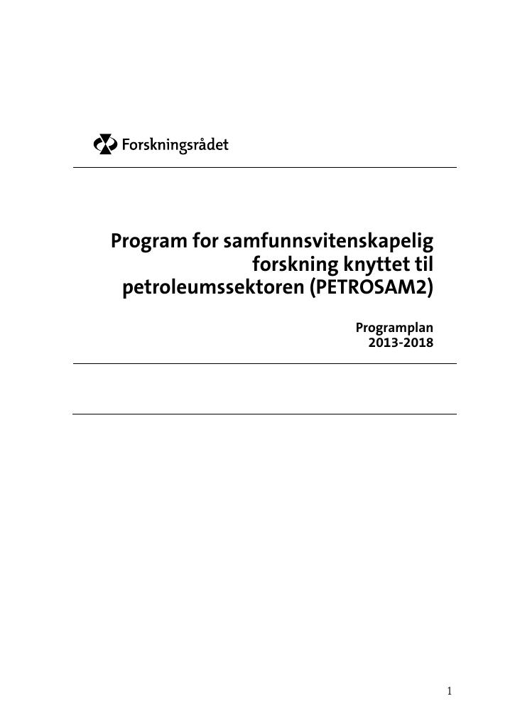 Forsiden av dokumentet Program for samfunnsvitenskapelig forskning knyttet til petroleumssektoren (PETROSAM2)