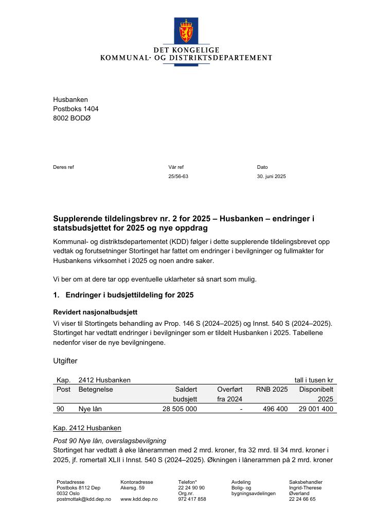 Forsiden av dokumentet Tildelingsbrev Husbanken 2025 - tillegg nr. 2