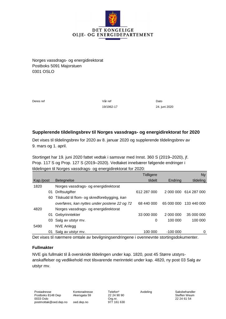 Forsiden av dokumentet Supplerende tildelingsbrev Norges vassdrags- og energidirektorat 2020 - nr. 3