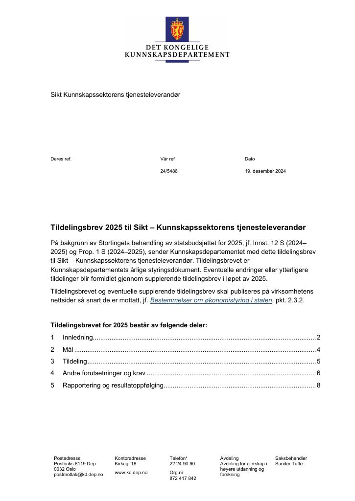 Forsiden av dokumentet Tildelingsbrev Kunnskapssektorens tjenesteleverandør - Sikt 2025