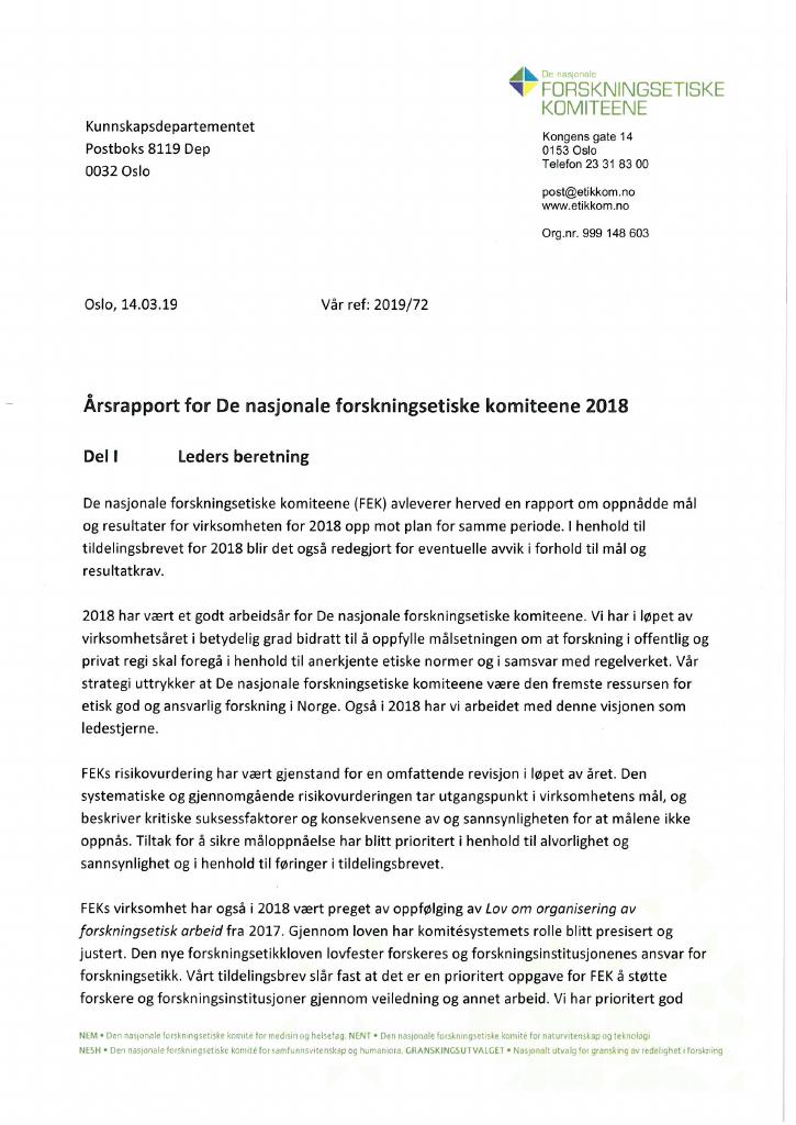 Forsiden av dokumentet Årsrapport De nasjonale forskningsetiske komiteene 2018