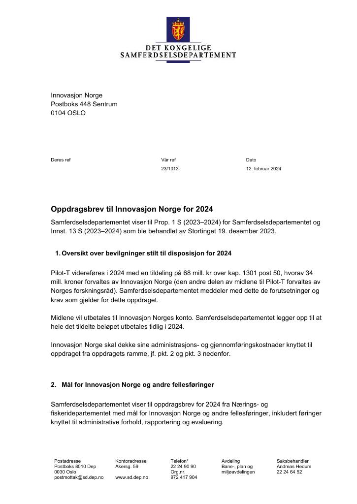 Forsiden av dokumentet Oppdragsbrev til Innovasjon Norge for 2024