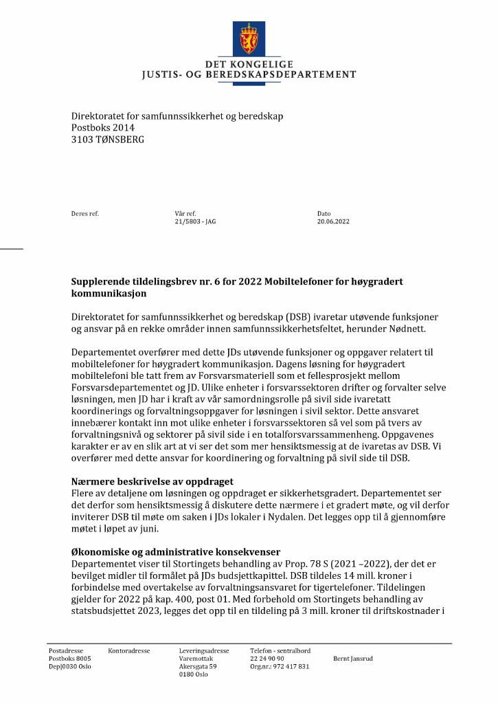 Forsiden av dokumentet Tildelingsbrev Direktoratet for samfunnssikkerhet og beredskap 2022 - tillegg nr. 6