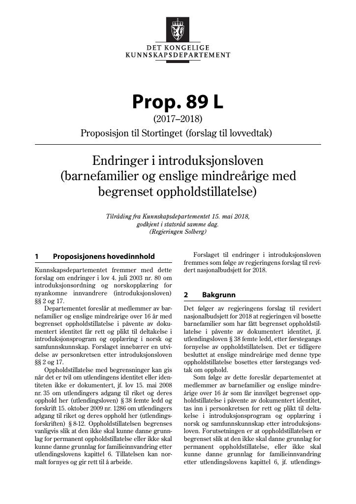 Forsiden av dokumentet Prop. 89 L (2017–2018)