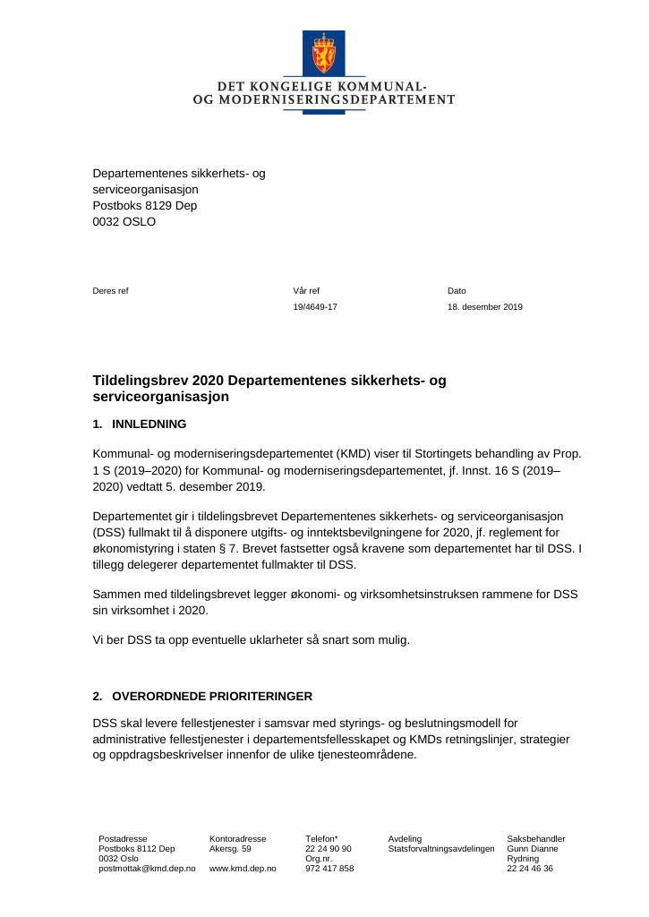 Forsiden av dokumentet Tildelingsbrev Departementenes sikkerhets- og serviceorganisasjon 2020