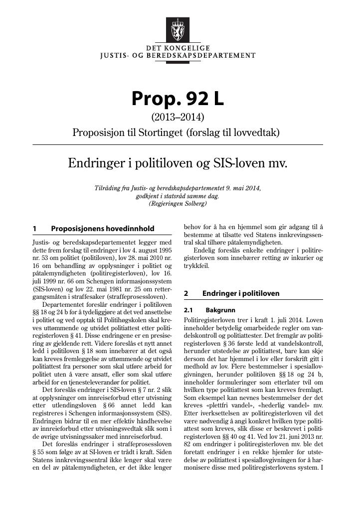 Forsiden av dokumentet Prop. 92 L (2013–2014)