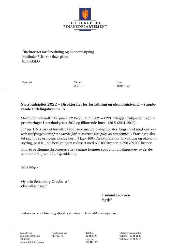 Forsiden av dokumentet Tildelingsbrev DFØ 2022 - tillegg nr. 6