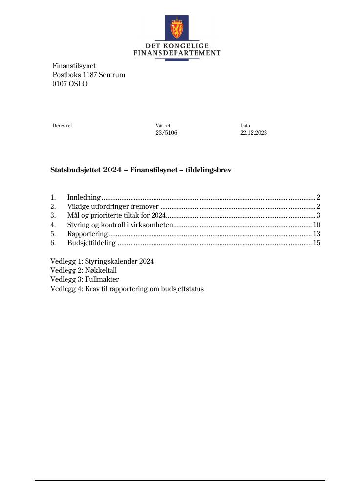 Forsiden av dokumentet Tildelingsbrev 2024