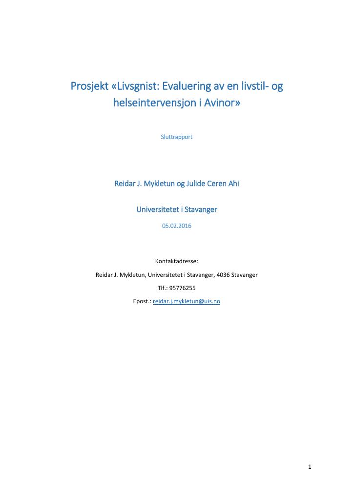 Forsiden av dokumentet Prosjekt "Livsgnist: Evaluering av en livstil- og helseintervensjon i Avinor"