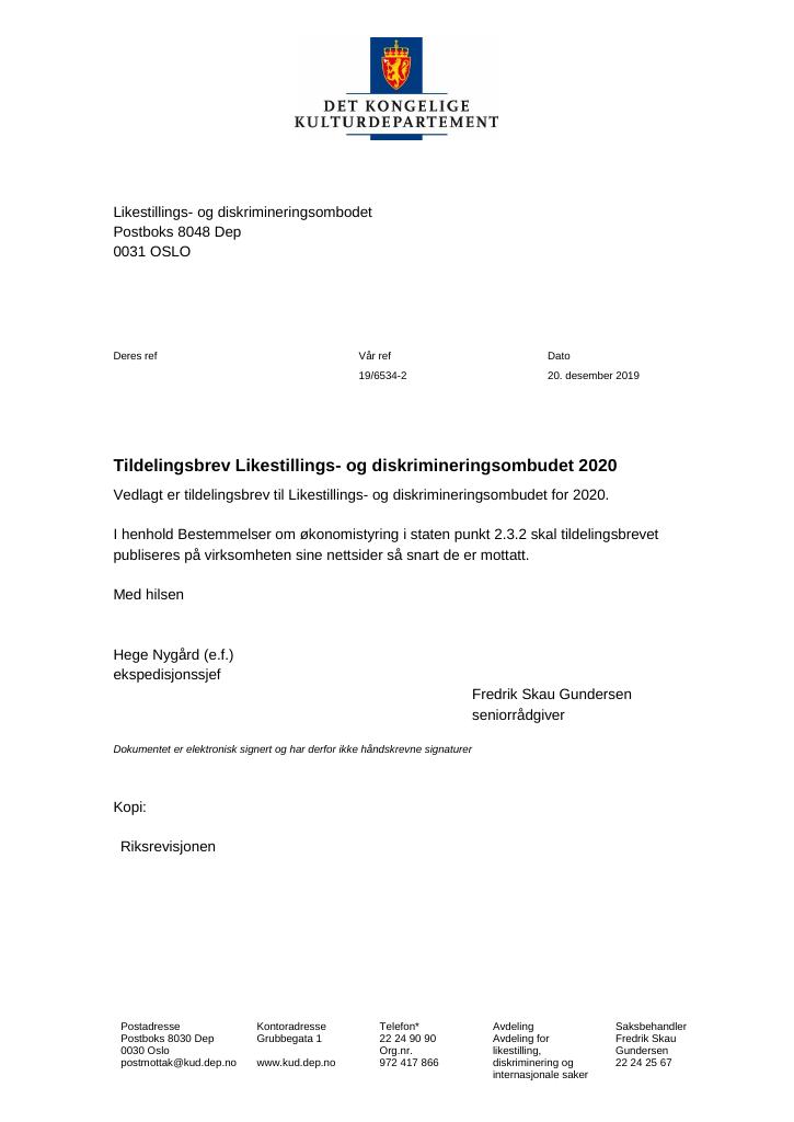 Forsiden av dokumentet Tildelingsbrev Likestillings- og diskrimineringsombodet 2020