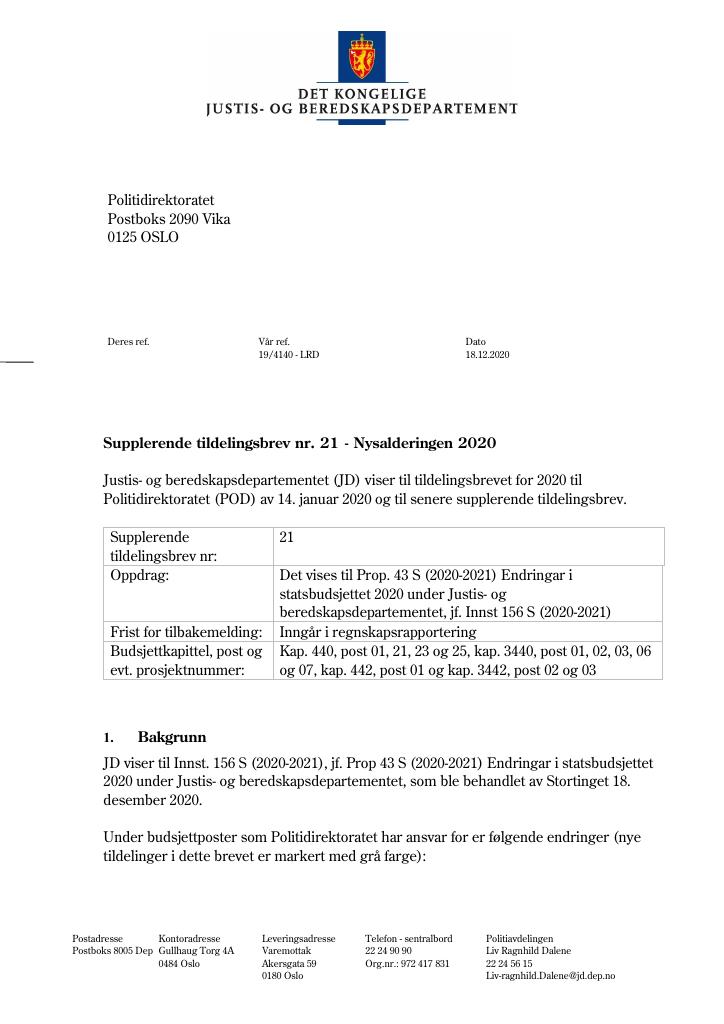 Forsiden av dokumentet Tildelingsbrev Politidirektoratet 2020 - tillegg nr. 21