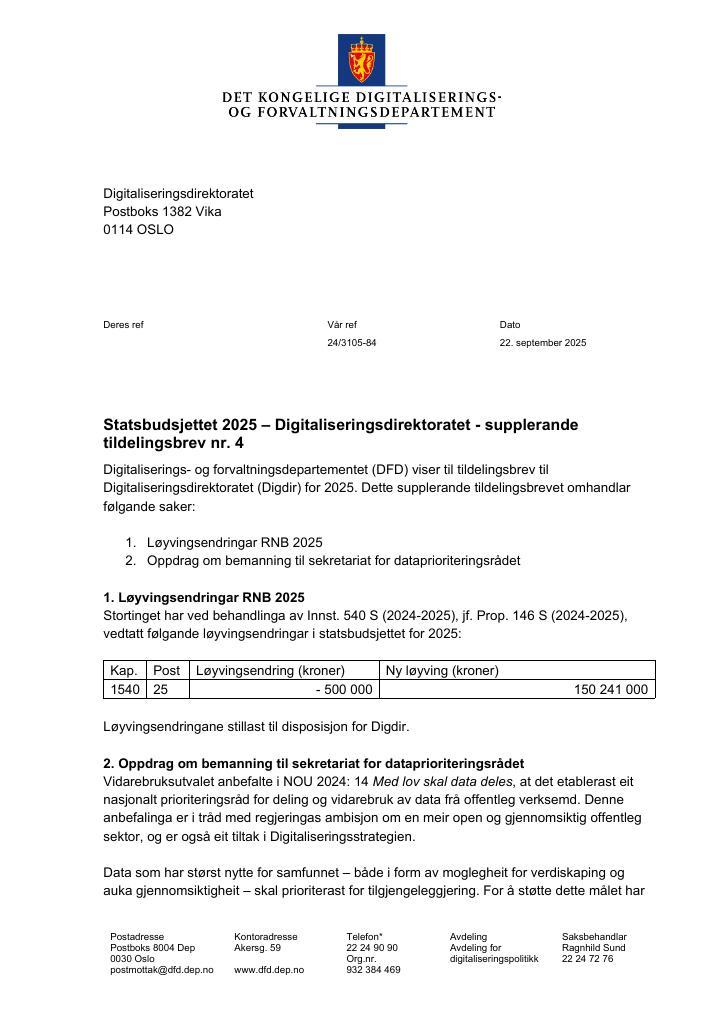 Forsiden av dokumentet Tildelingsbrev Digitaliseringsdirektoratet 2025 - tillegg nr. 4