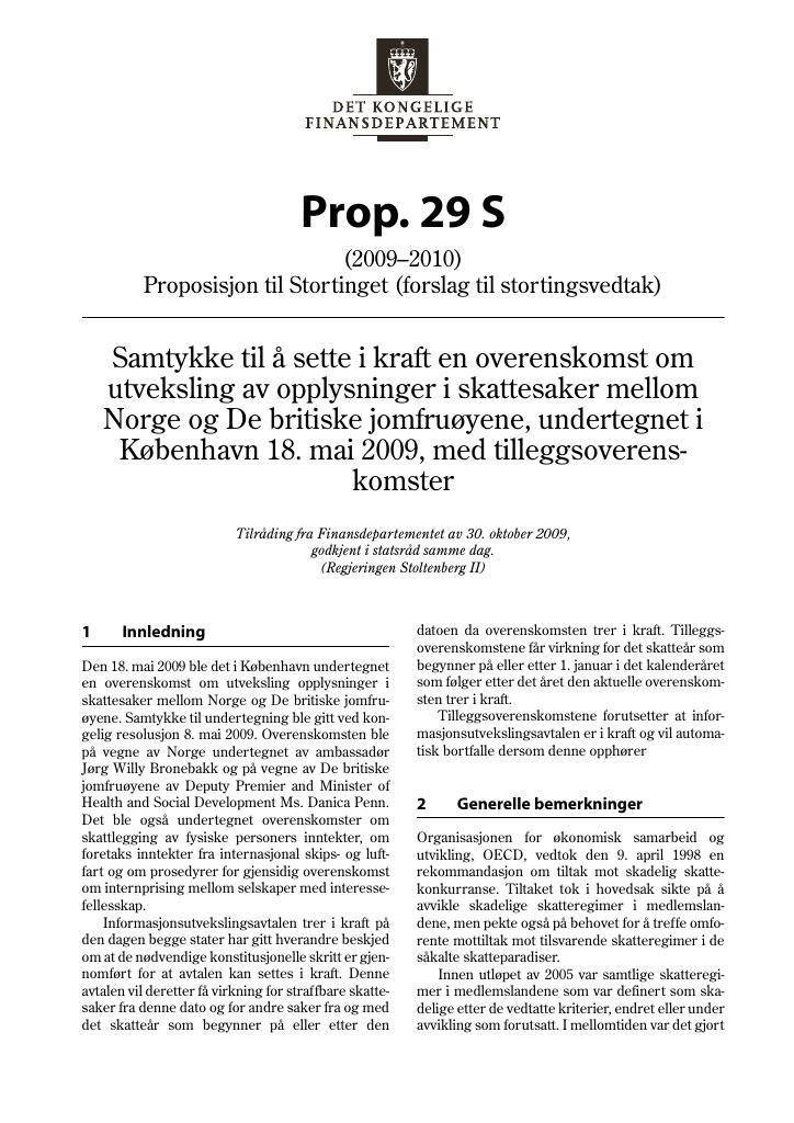 Forsiden av dokumentet Prop. 29 S (2009–2010)