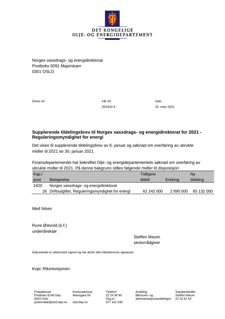 Forsiden av dokumentet Tildelingsbrev Norges vassdrags- og energidirektorat 2021 - tillegg nr. 1