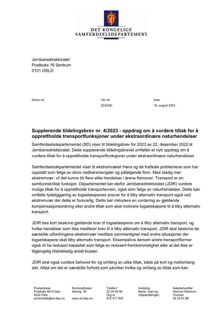 Forsiden av dokumentet Tildelingsbrev Jernbanedirektoratet 2023 - tillegg nr. 4