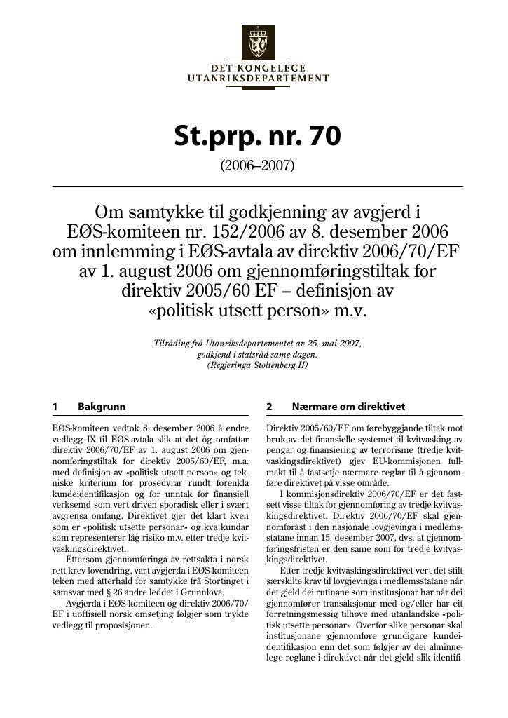 Forsiden av dokumentet St.prp. nr. 70 (2006-2007)