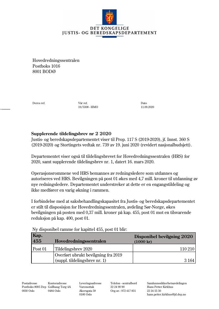 Forsiden av dokumentet Supplerende tildelingsbrev Hovedredningssentralen 2020 - nr. 2