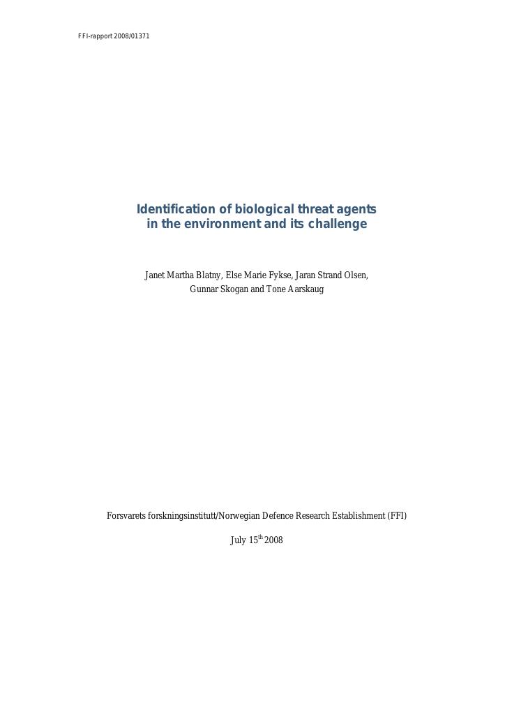 Forsiden av dokumentet Identification of biological threat agents in the environment and its challenge