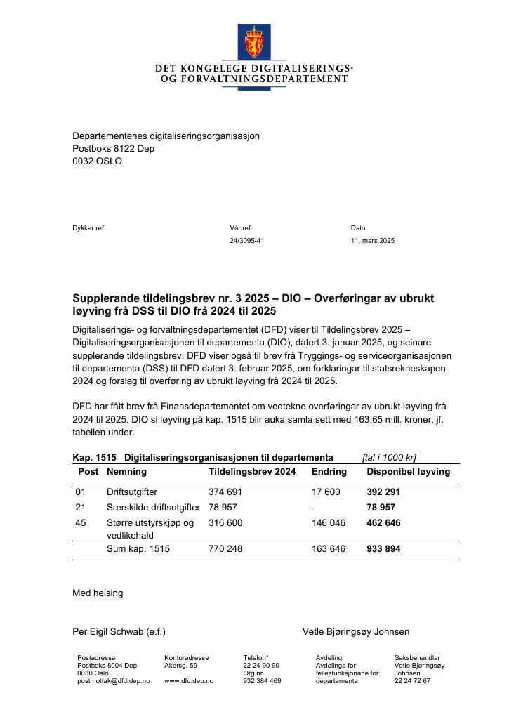 Forsiden av dokumentet Tildelingsbrev Departementenes digitaliseringsorganisasjon 2025 - tillegg nr. 3