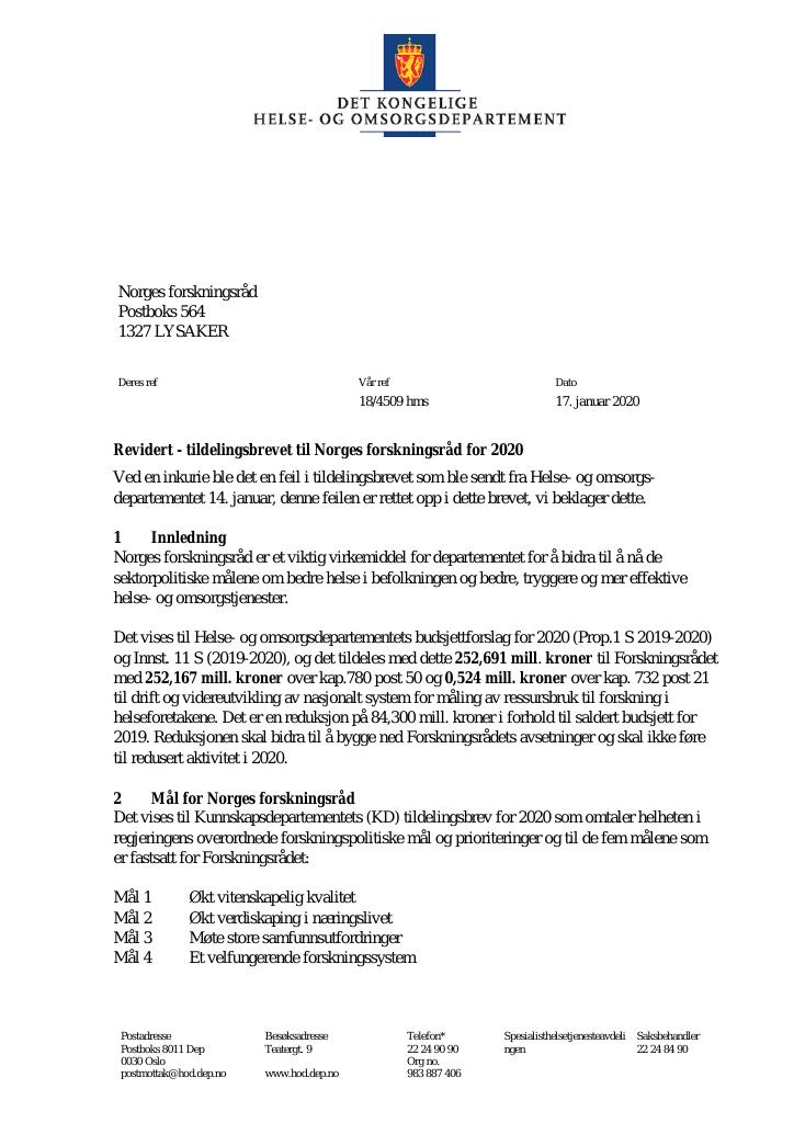 Forsiden av dokumentet Tildelingsbrev Norges forskningsråd 2020