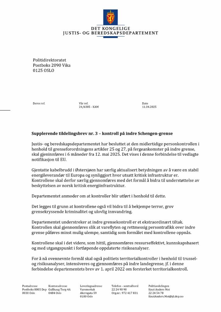 Forsiden av dokumentet Tildelingsbrev Politiet 2025 - tillegg nr. 3