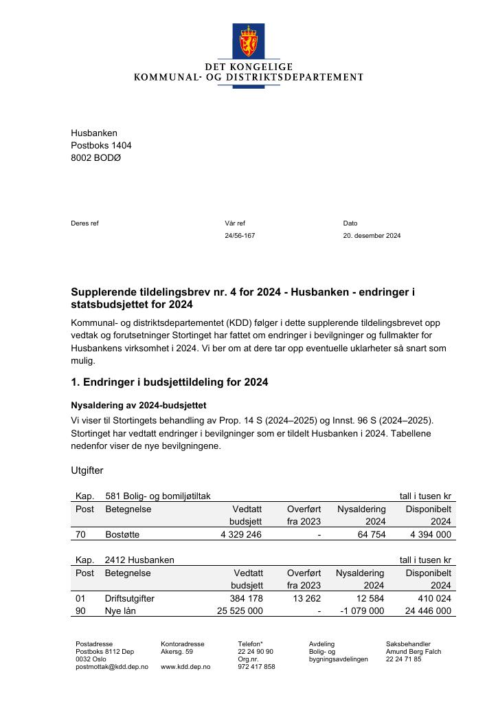 Forsiden av dokumentet Tildelingsbrev Husbanken 2024 - tillegg nr. 4