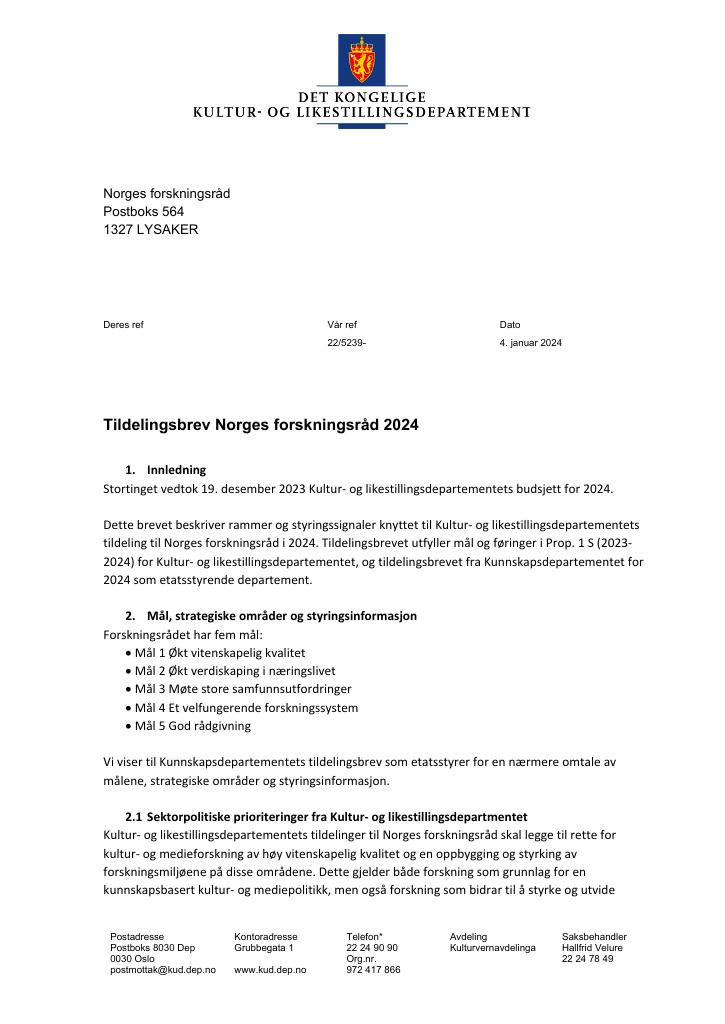 Forsiden av dokumentet Tildelingsbrev 2024 (.pdf)