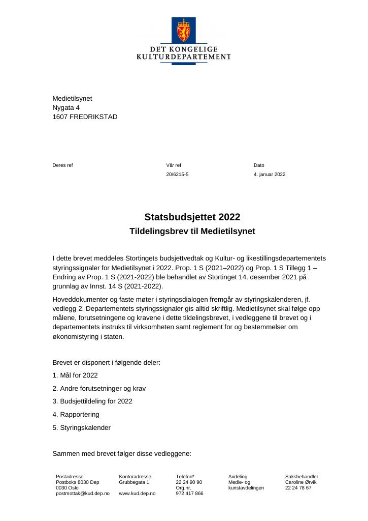 Forsiden av dokumentet Tildelingsbrev Medietilsynet 2022