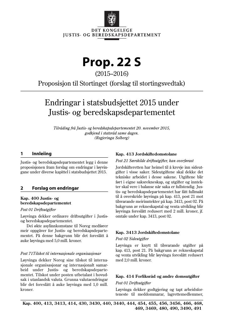 Forsiden av dokumentet Prop. 22 S (2015–2016)