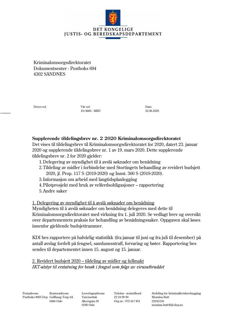 Forsiden av dokumentet Supplerende tildelingsbrev nr. 2 2020 (PDF)
