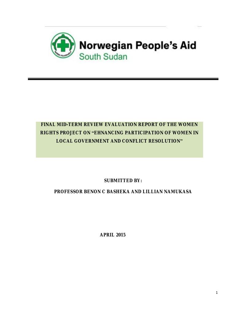 Forsiden av dokumentet Mid-term review evaluation report of the women rights project on enhancing participation of women in local government and conflict resolution