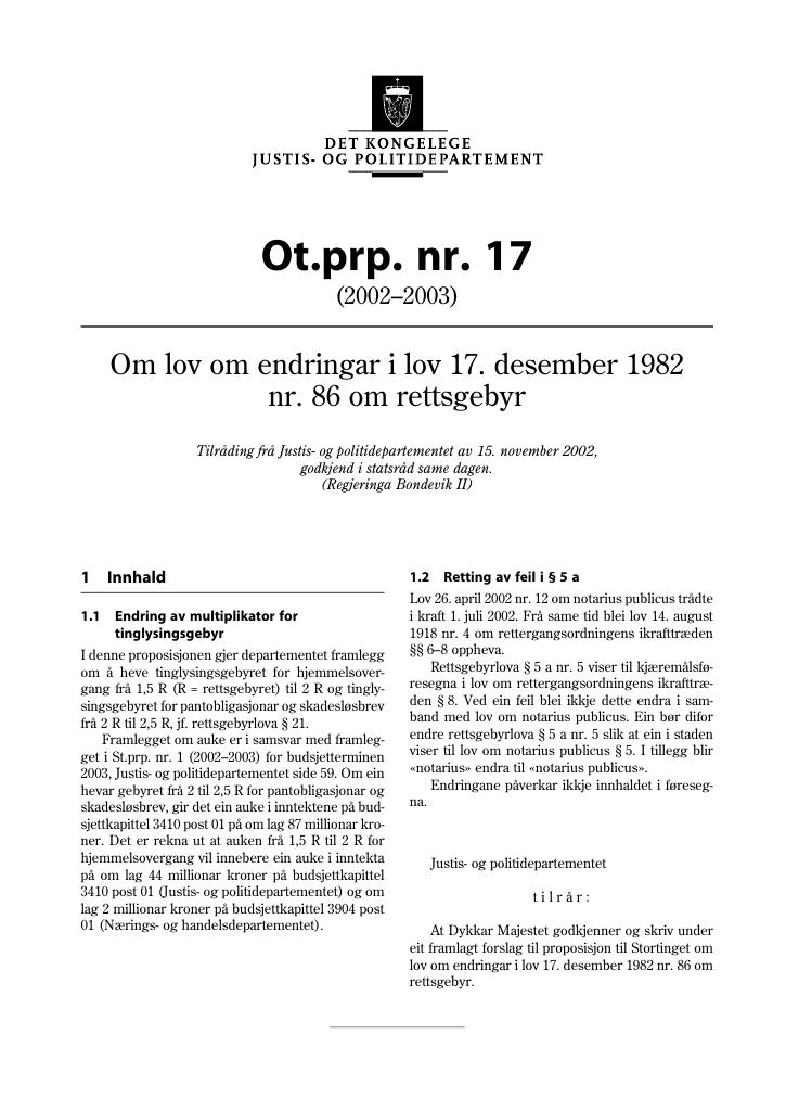 Forsiden av dokumentet Ot.prp. nr. 17 (2002-2003)
