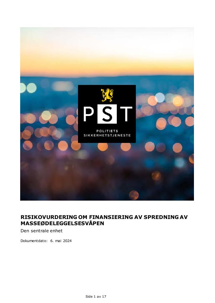 Forsiden av dokumentet Risikovurdering om finansiering av spredning av masseødeleggelsesvåpen