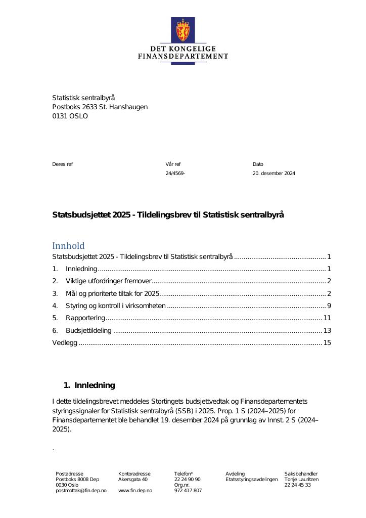 Forsiden av dokumentet Tildelingsbrev Statistisk sentralbyrå 2025