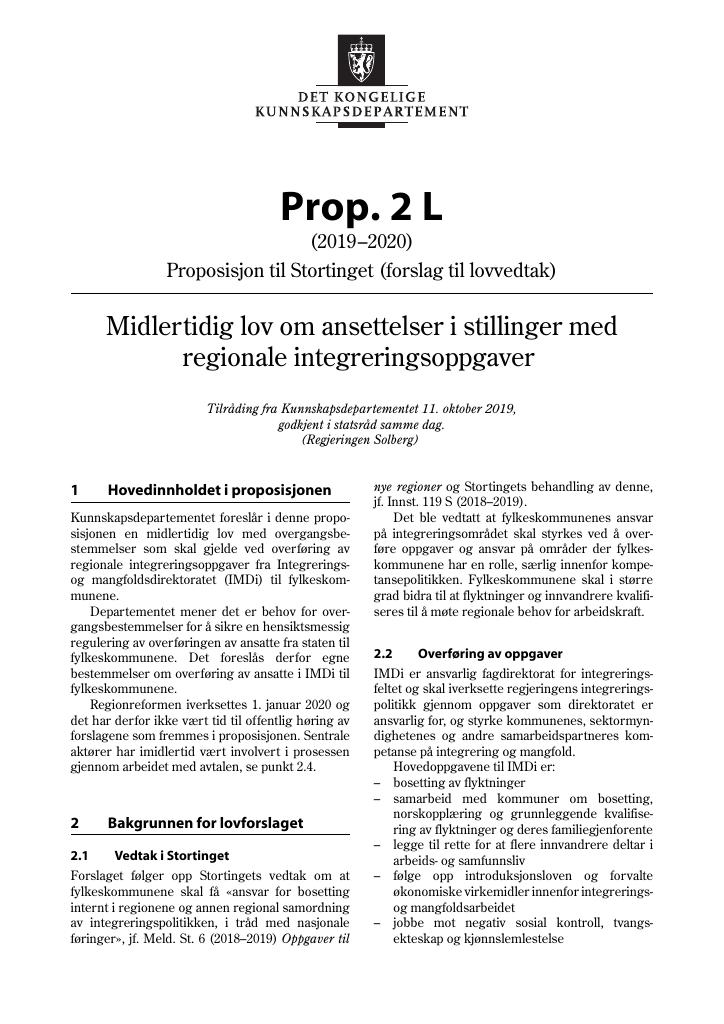 Forsiden av dokumentet Prop. 2 L (2019–2020)