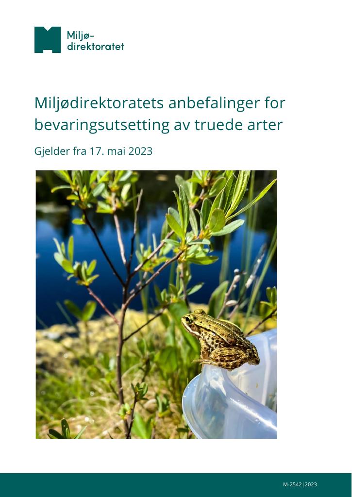 Forsiden av dokumentet Miljødirektoratets anbefalinger for bevaringsutsetting av truede arter