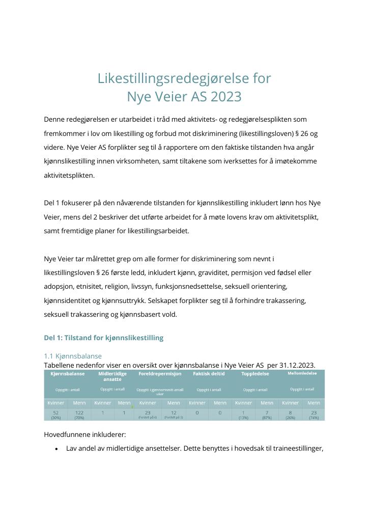 Forsiden av dokumentet Likestillingsredegjørelse Nye Veier AS 2023