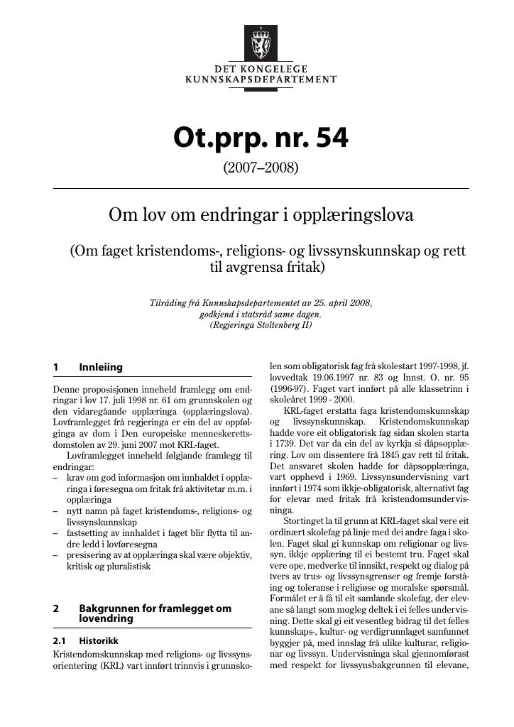 Forsiden av dokumentet Ot.prp. nr. 54 (2007-2008)