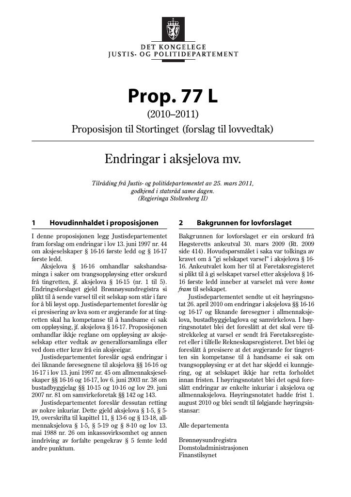 Forsiden av dokumentet Prop. 77 L (2010–2011)