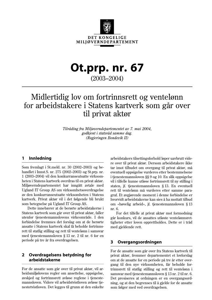 Forsiden av dokumentet Ot.prp. nr. 67 (2003-2004)