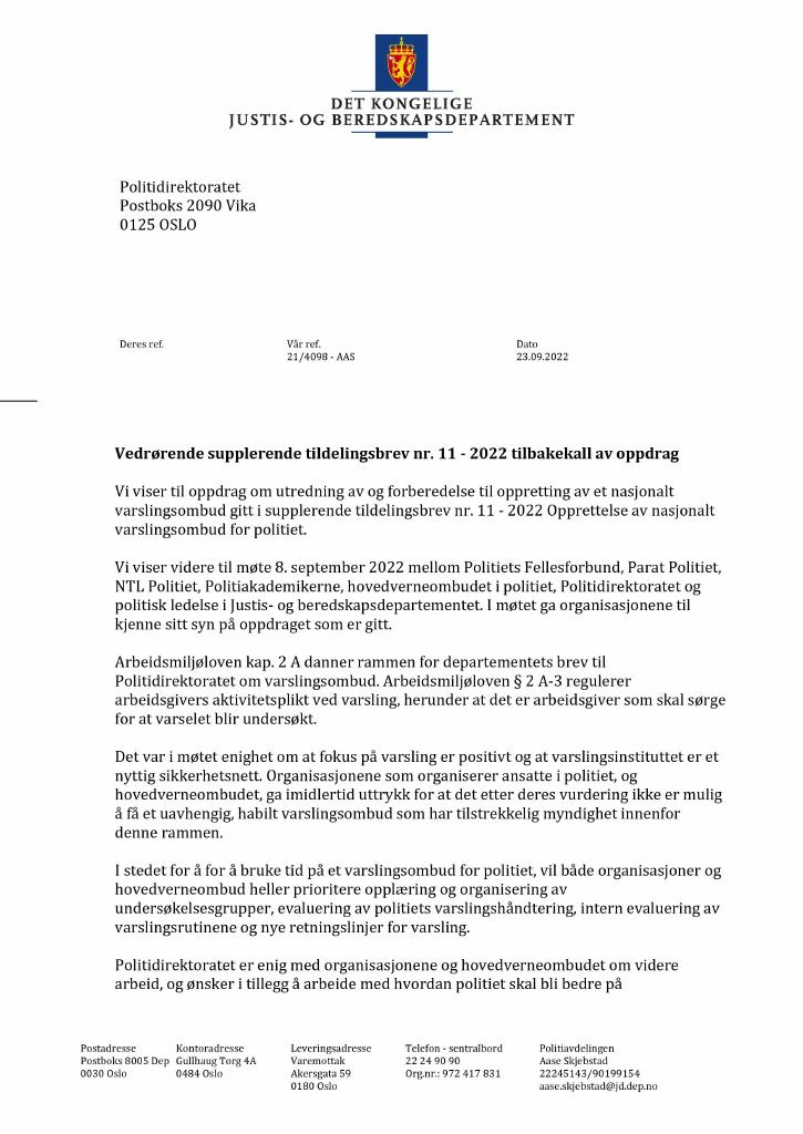Forsiden av dokumentet Tildelingsbrev Politidirektoratet 2022 – vedrørende tillegg nr. 11 - Tilbakekall av oppdrag